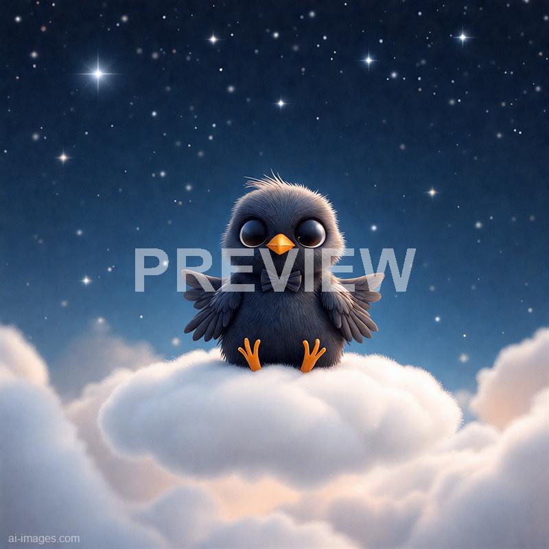 The image features a cute, animated baby bird with large, shiny eyes, a small orange beak, and tiny wings, sitting on a fluffy white cloud. The bird is wearing a small black bow tie and appears to be surrounded by a starry night sky filled with numerous twinkling stars of varying sizes. The scene evokes a whimsical, dreamy atmosphere with the bird seemingly floating peacefully among the clouds and stars.